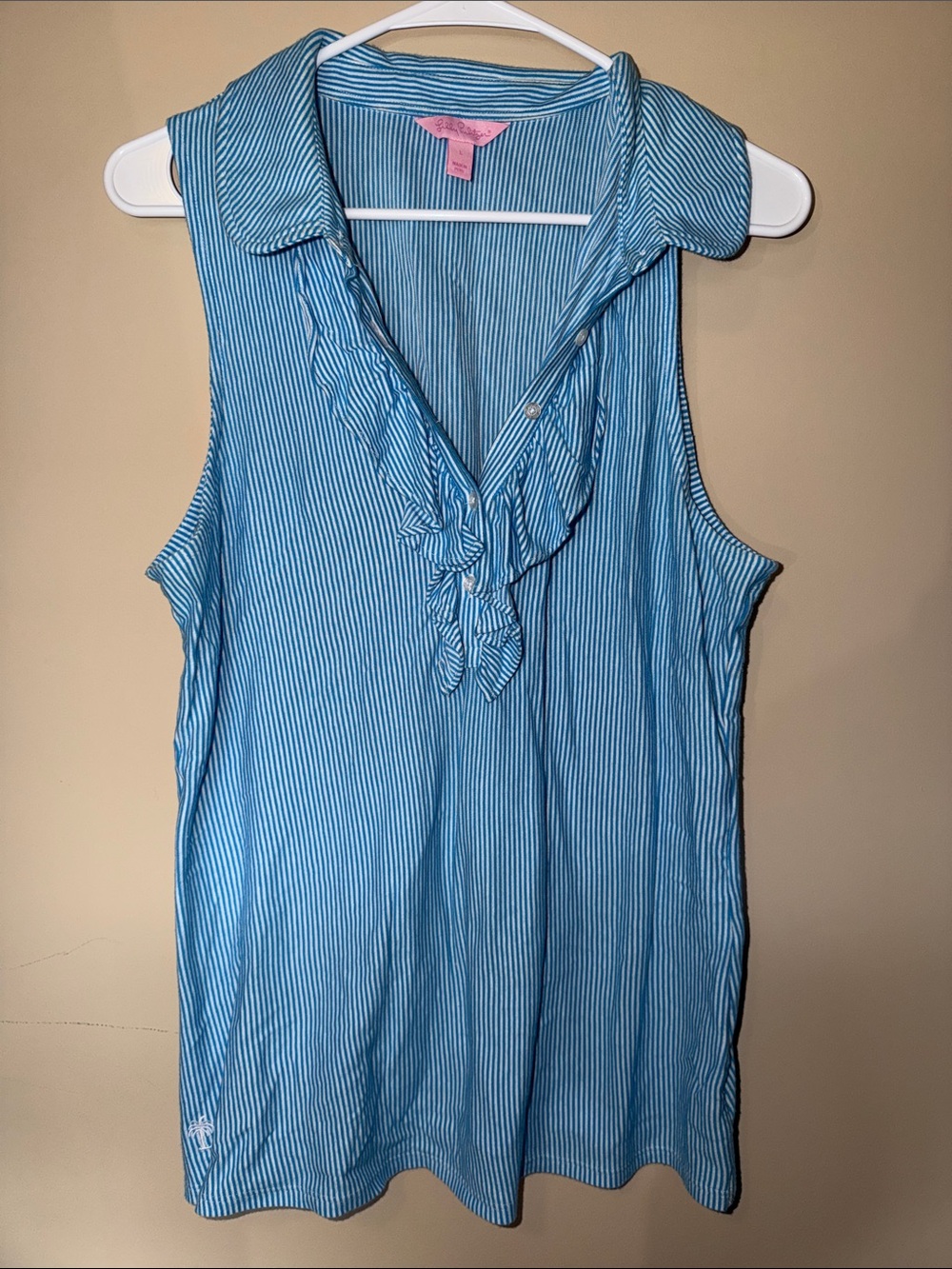Lilly Pulitzer Blue & White Striped Sleeveless Ruffle Polo Tank